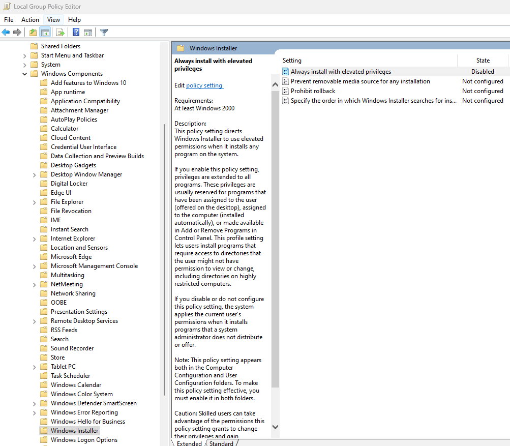 The ‘Always install with elevated privileges’ Group Policy setting