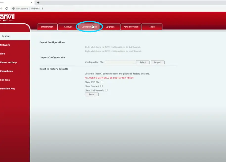 Resetting a Fanvil X4 from the web interface