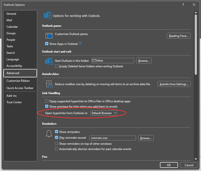 The Outlook advanced setting to open hyperlinks in your default browser