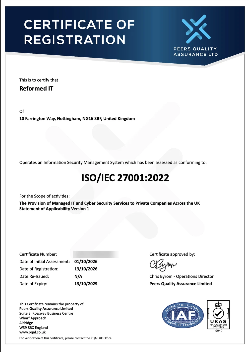 Reformed IT's ISO/IEC 27001:2022 certificate of registration, issued by Peers Quality Assurance. The certificate number has been blurred.