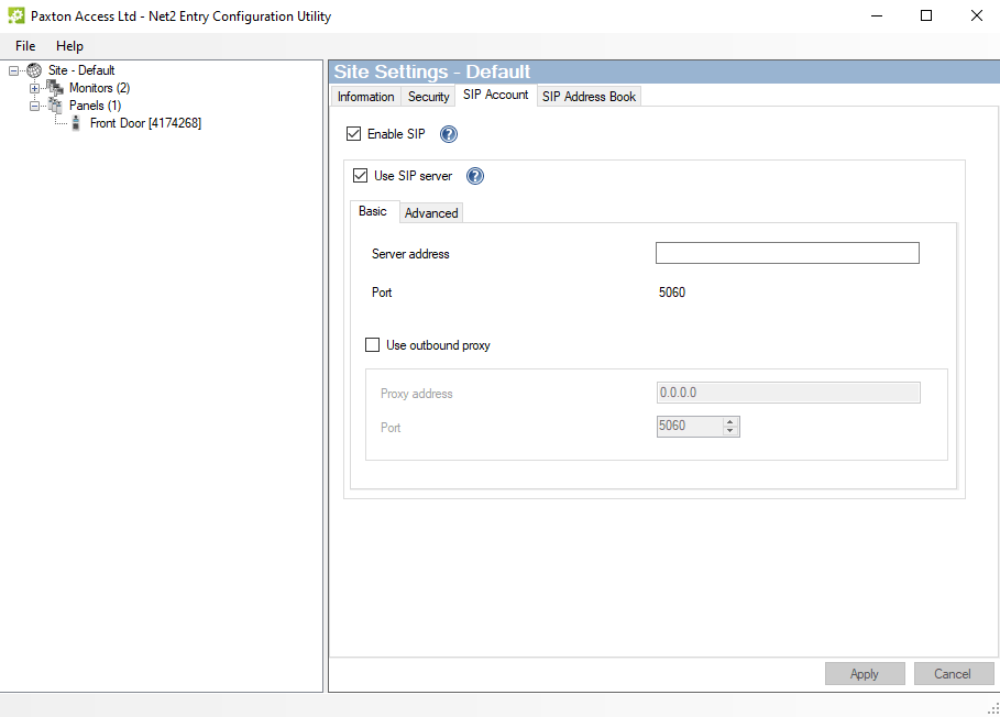 Configuring the SIP account in the Net2 entry utility