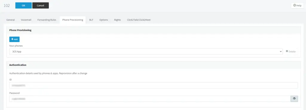 The 3CX phone provisioning tab showing the extension ID and password