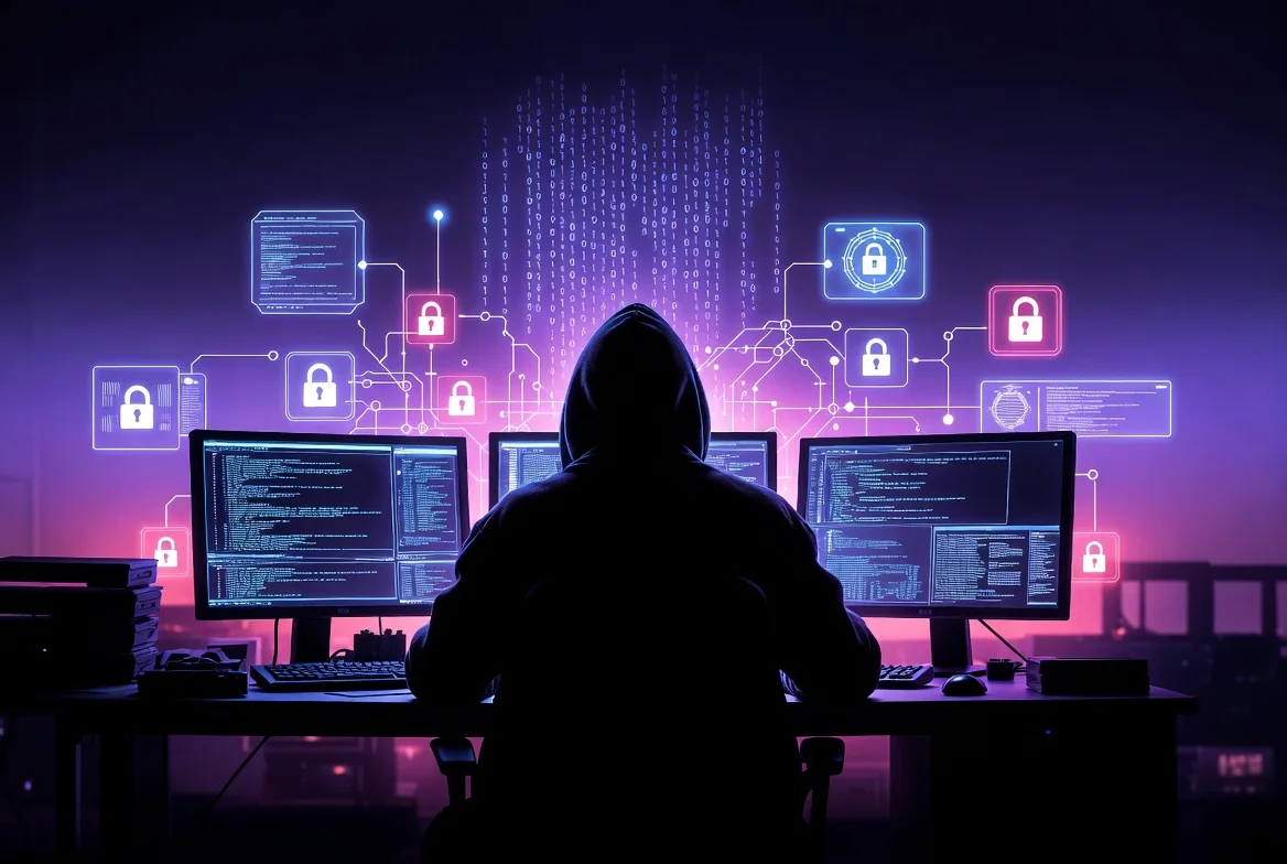 A hooded figure at multiple monitors surrounded by glowing padlock icons, representing a hacker probing a network's defences